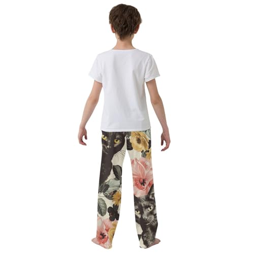 Cat Butterfly Flowers Boys Long Pants Soft Trousers Elastic Waist Kids Lounge Bottoms with Pockets S-XL3