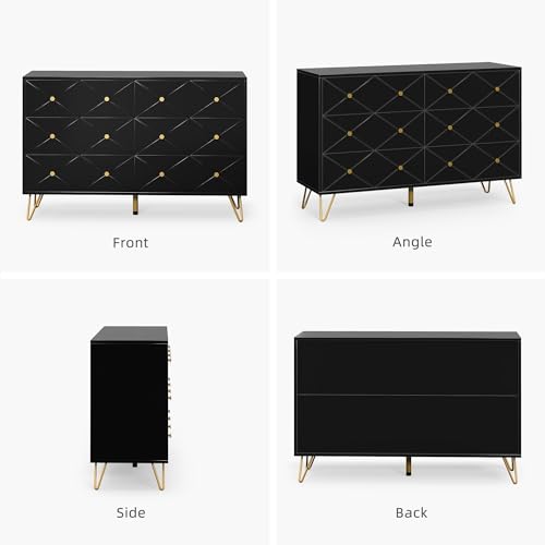 DWVO Upgrade Large 6 Drawer Dresser for Bedroom, Black Wood Dresser Chest of Drawers with Fluted Panels, Modern 47" W TV Stand Double Dressers Storage Cabinet for Living Room, Hallway, Entryway