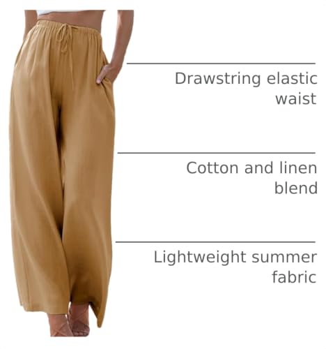 Image of Duyang Womens Cotton Linen Palazzo Pants Drawstring Elastic Waist Casual Wide Leg Trousers with Pockets