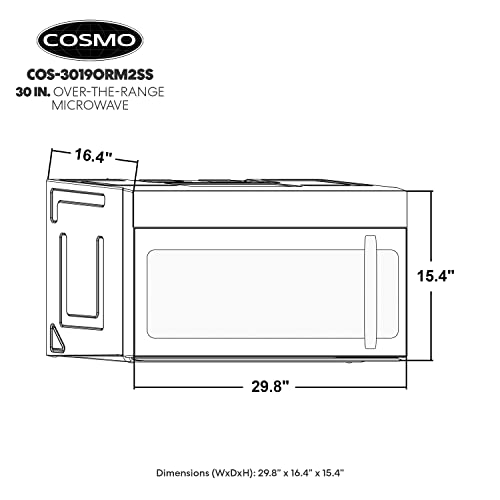 Image of 30 in. Stellar Coll 1.9 cu ft Over the Range Microwave, Vent Fan, Stainless | Cosmo COS-3019ORM2SS 1000W, Touch Presets, Sensor Cooking, Automatic Defrost, 11 Power Levels, LED Lighting