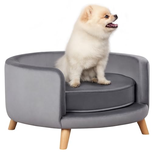 PawHut Hundesofa, Haustiersofa mit Samtoptik, Katzensofa mit Kissen, Hundebett, Hundecouch mit Erhöhtem Design, Hundesessel mit Holzbeine, Grau, 68 x 68 x 35 cm