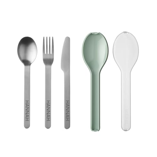 Mepal Besteckset Ellipse personalisiert, To-Go Campinggeschirr Besteck, Edelstahlbesteck mit Name graviert, Inkl. Hülle zum Transport, 3tlg. (mint)