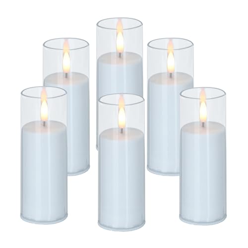 Image of CANDLE CHOICE Indoor Outdoor Flameless Candles with Timer Waterproof Realistic Flickering Battery Operated Pillar LED Lights with Acrylic Shell Wedding Party Christmas Decorations 6 Pack 2 inchx6 inch Clear