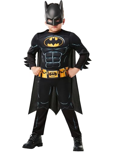 Rubies Official Batman Black Deluxe Costume for Kids – Muscle Chest Jumpsuit with Mask & Cape for Role-Play