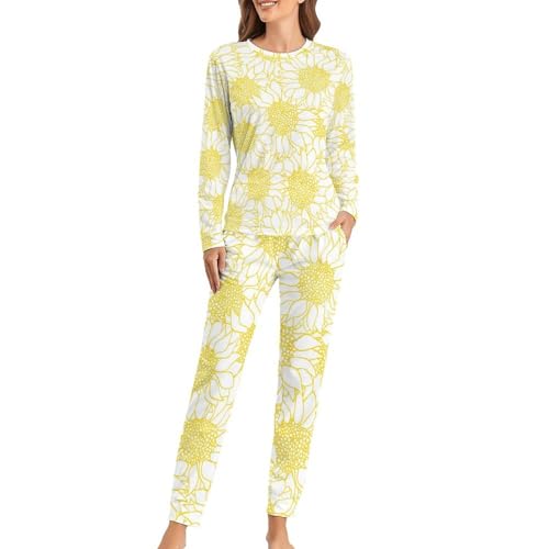 Pyjama femme fleurs jaunes ensemble de nuit sleepwear manches longues et pantalon