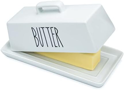 Heartland Home Porcelain Covered Butter Dish with Lid for Countertop (Lid with Handle). 7.6" x 3.8" Butter Holder Container for One Stick of Butter. Textured Tray Butter Keeper for Non Slip Storage