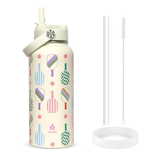 XccMe Pickleball Water Bottle 32oz Stainless Steel Water Bottl with Flip Straw and Handle Pickleball Gifts for Pickleball Players Women Girls Birthday Christmas Leak Proof Water Bottle