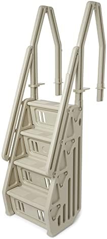 Vinyl Works Deluxe Adjustable 24-Inch Wide in-Pool Step Ladder Entry System for 46 to 60 Inch High Above Ground Swimming Pools with Non-Slip Steps, Taupe