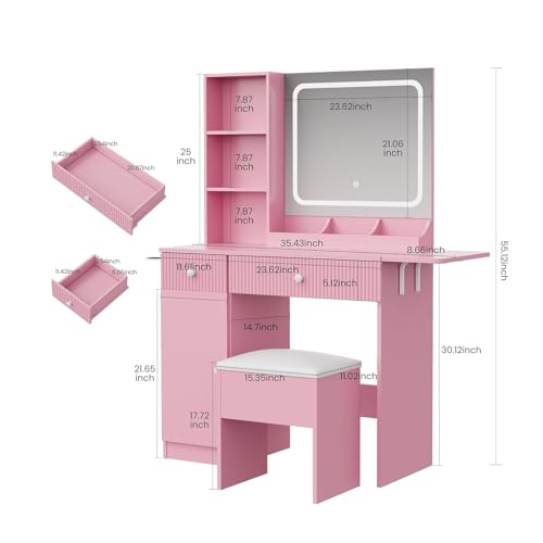 Fluted Makeup Vanity Desk with Mirror and LED Lights, Vanity Table with Storage Stool, Power Outlet, 2 Drawers, 3 Storage Shelves, Large Cabinet, Dressing Table and Chair for Bedroom Dressing Room