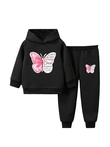 Kids Boys Girls 2Pcs Sweatsuit Long Sleeve Butterfly Print Hoodie Sweatshirts with Sweatpants Sports Suit