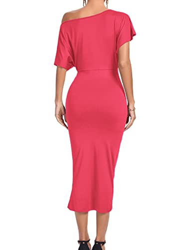Image of LYANER Women's One Off The Shoulder Ruched Wrap Front Split Hem Draped Party Midi Dress