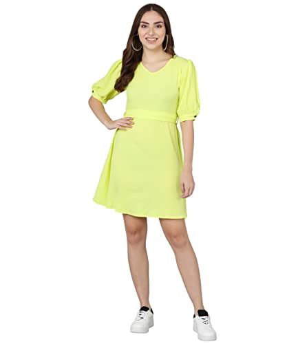 Image of Serein Women's Mini Dress (Solid Crepe Dress with Puff Sleeves, v-Neck & Waist Belt) (Yellow, Large) (SER-DRESS-HR-1-L)