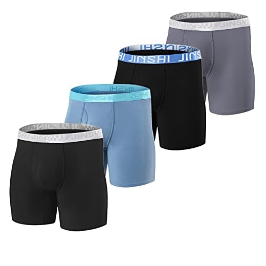 JINSHI Men Underpants 6 Inch Long Leg Boxer Briefs Underwear Pack Bamboo Big and Tall Male Pack of 4 Plus Size 3XL (Black 2,Light Blue,Dark Gray)
