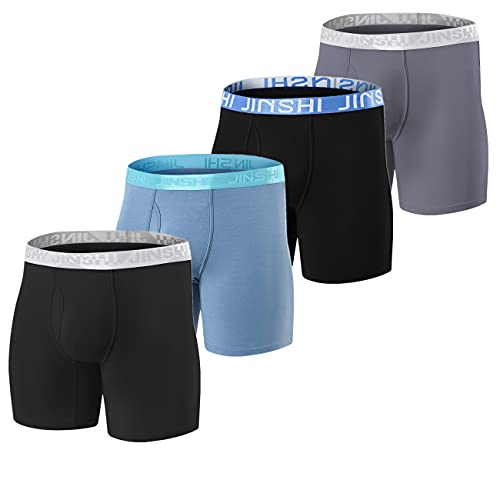 JINSHI 4 Pack Men's Underwear Boxer Briefs Ball Pouch Soft Bamboo Viscose Ultra Breathable Underpants Open Fly