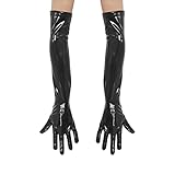 CHICTRY Damen Lange/Kurze Glänzende Lackleder Handschuhe Oberschenkel Strümpfe Wetlook Handschuhe Accessoires für Clubwear Abend Party Schwarz A M