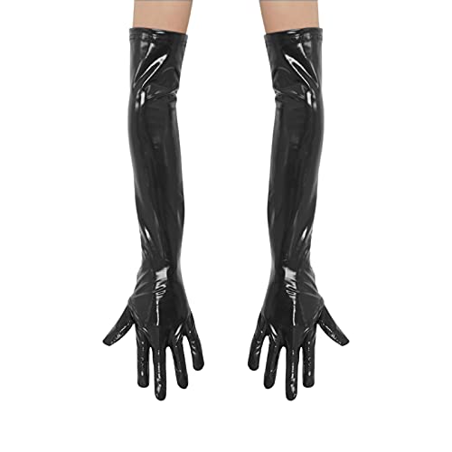 CHICTRY Damen Lange/Kurze Glänzende Lackleder Handschuhe Oberschenkel Strümpfe Wetlook Handschuhe Accessoires für Clubwear Abend Party Schwarz A M Cover