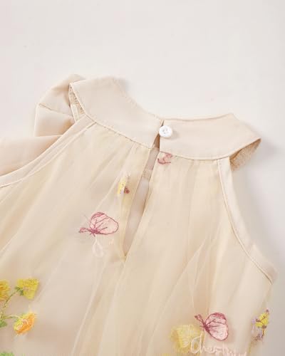 Toddler Baby Girl Dress Summer Clothes Floral Sleeveless Birthday Party Tulle Dresses Beach Sundress Outfit Ruched Beige Dress for Girls 18-24 Months