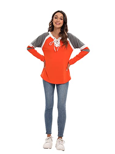 Famulily Women's Lace Up Front Long Sleeve Tops Striped Crew Neck Raglan Baseball Tee Shirt(L,Orange) #TOP3