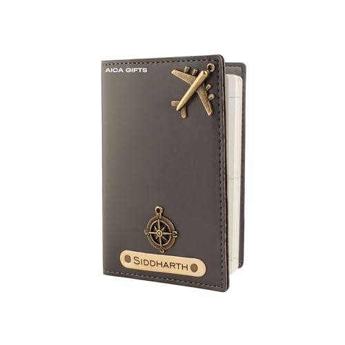 Image of AICA Personalised Name & Charm Leather Passport Cover (Grey) | Christmas Secret Santa New Year Gift Womens Ladies Women Wife Mom Mother Sister Men Brother Father Husband Office Colleagues Employees