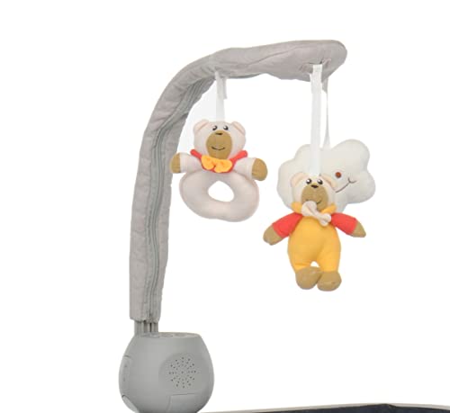 Foppapedretti Kit Giostrina con Zanzariera per culle MyBebè/iNanna, 3 Peluches con 5 Melodie Musicali e 5 Suoni della Natura, Volume Regolabile, 0-5 mesi, Barra Giostrina Ricoperta in Tessuto, Greige