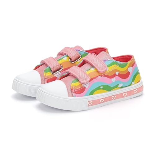 Toddler Kids Sneakers for Boys Girls Light Up Canvas Shoes Children Low Top Casual Outdoor Sneaker with Adjustable Straps, Colorful Stripes, 11 Little Kid