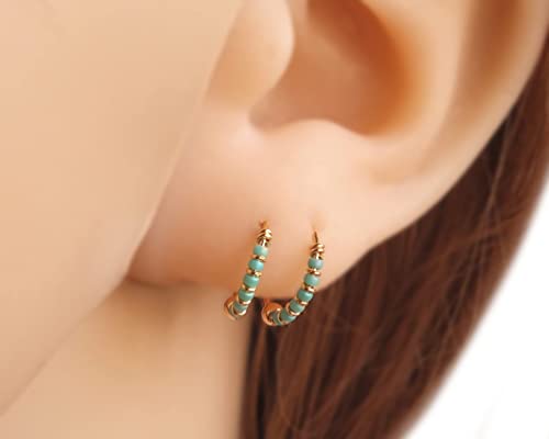 Pair Of Small 10Mm Gole Plated Over Sterling Silver Turquoise Color Beaded Helix, Cartilage, 2Nd Ear Piercing | Miya Jewelry Handmade Dainty Hoops #TOP1