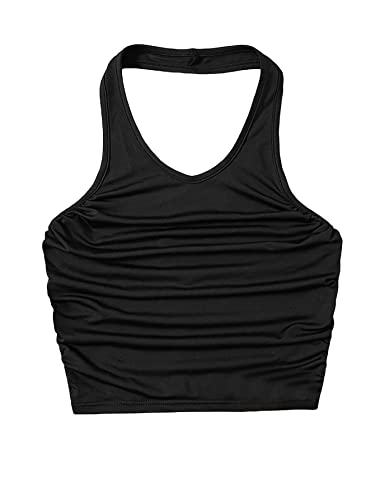 Image of SHENHE Girl's Ruched Sleeveless Backless Scoop Neck Ribbed Halter Tank Crop Tops