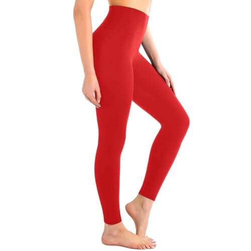 Leafigure High Waisted Leggings for Women- Soft No See-Through Yoga Pants for Gym Workout Running Red L-XL