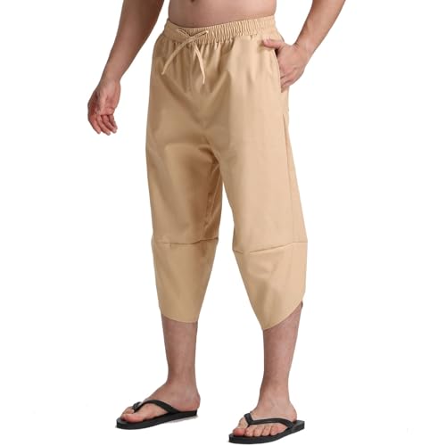 Men's Linen Capri Pants Beach Yoga Baggy 3/4 Shorts Lightweight Drawstring Elastic Waist with Pockets