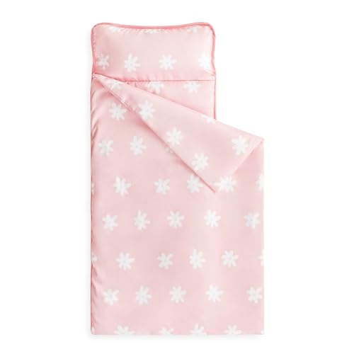 Wake In Cloud - Toddler Nap Mat with Pillow and Blanket, for Kids Girls in Kindergarten Daycare Preschool Pre K, Roll Up Sleeping Bag, Floral Botanical Flowers, Pink White, Standard