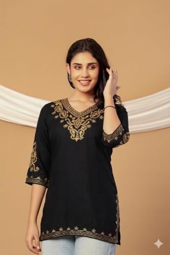 Image of Rayon Kashmiri Embroidered Short Kurti for Women | V-Neck Tunic Top with 3 /4 Sleeves | Floral Design Indo-Western Kurti for Jeans & Leggings