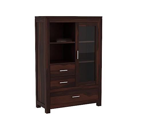 Image of Sheesham Wood Book Shelf with Acrylic Glass Door | Wooden Sideboard Crockery Cabinet with 3 Drawers & 2 Shelf Storage | Kitchen Display Unit | Bookshelf for Home Library | Walnut