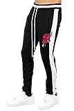 Bleecker and Mercer Mens Hip Hop Activewear Slim Fit Athletic Track Jogger Pants Side Stripe Taping Zipper Bottom (P877- Black/White Stripe w Flower Embroidery, L)