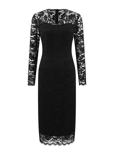 Image of Hobemty Women's Floral Lace Dress V Neck Long Sleeve Cocktail Wedding Bodycon Pencil Dresses