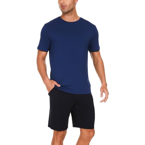 Mens Short Pajamas Set with Pockets,Deep Blue,Small2