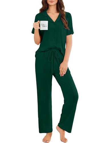 Image of Ekouaer Pajamas for Women Set Button Up Short Sleeve Pjs Sets With Pockets | Soft Womens Sleepwear,V Neck,Notch Collar,2 Piece Classic Loungewear With Long Pant for Sleep,Lounge,Fall