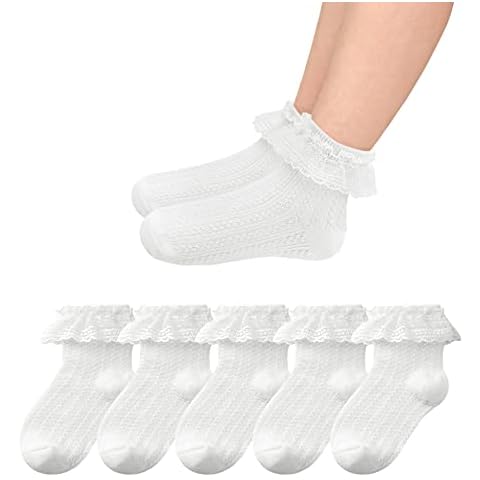 KEREDA Girls Kids Baby Frilly Socks White Cotton Ankle School Lace Socks 5 Pairs Age 6M-9Y Cover