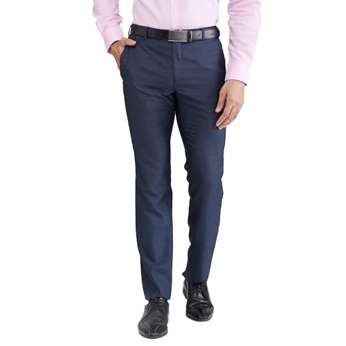 Image of Raymond Men's Slim Fit Formal Trousers, Poly Viscose Blend, Structure Pattern, Flat Front | Dark Blue