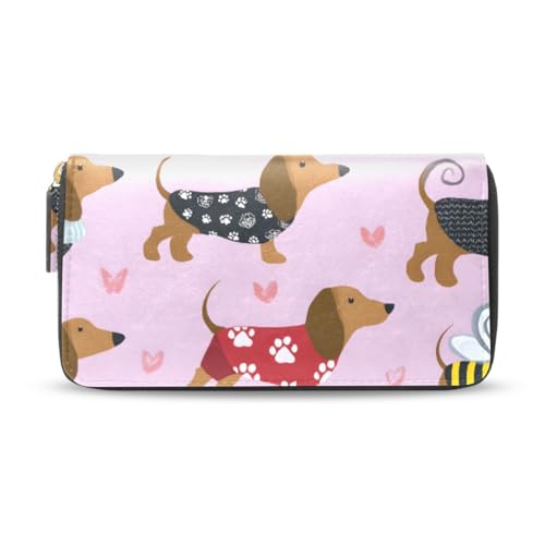 Long Wallets Leather Bifold Wallet for Women Dachshund Dog Pink with Zipper Credit Card Holder Large Capacity
