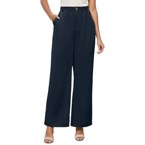 Pantalon décontracté confortable taille haute jambes larges avec poches femme