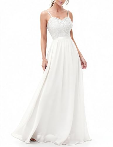 DRESSTELLS Abendkleider Elegant für Hochzeit Festlich Ballkleid Damen Lang Brautkleid Standesamt Weiß Brautjungfernkleider mit Spaghettiträger...