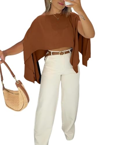 CHICME Womens Off The Shoulder Flowy Tops Casual Batwing Slit Sleeve Blouse Loose Shirt with Bandeau Top