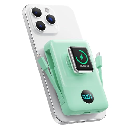 Magnetic Portable Charger 10800mAh for iPhone with Built-in Cables, 6-in-1 Wireless Power Bank with iWatch Charger, 25W PD Fast Charging USB C Battery Pack for iPhone 16/15/14/13/12,Apple Watch(Green)