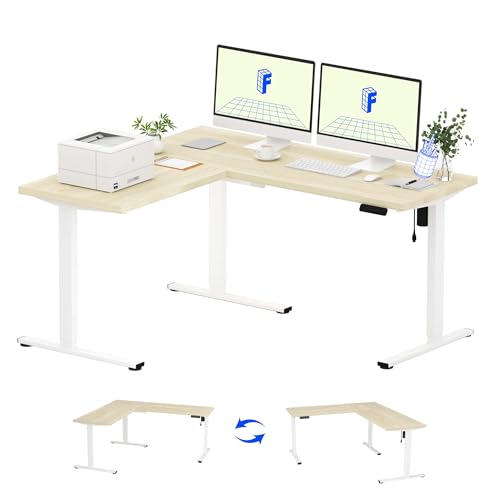 FLEXISPOT L Shaped Standing Desk, 63 x 55 Inch Electric Height Adjustable Corner Desk, Sit Stand Computer Workstation, Preset Controller, Home Office, White Frame with Maple Top