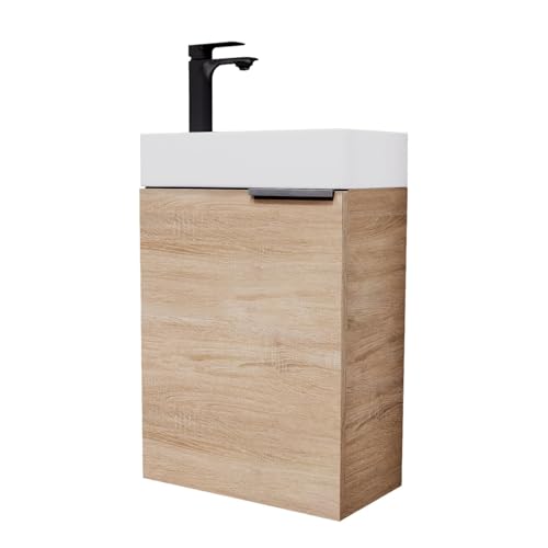 Planetmöbel Meuble sous lavabo 40 cm avec robinetterie Noir Mat, Meuble Salle de Bain avec Vasque pour Petites salles de Bains, WC invités, chêne Sonoma