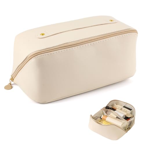 AYNKH Large Capacity Cosmetic Bag,Waterproof PU Leather Cosmetic Bag,Flat Cosmetics Case,Multi-Layer,Thickened Storage Wash Bags,Travel Lightweight Pillow Bags (Beige)