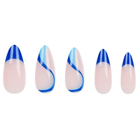 Abstract Almond False Nails Blue Press on Nails Glossy Acrylic Full Cover Lines Acrylic Press on Fake Nails Women Girls 24Pcs Cover