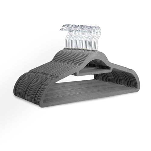 Velvet Hangers (45cm) 50pk – Thin Non-Slip Clothes Coathangers with Tie Bar and 360° Degree Hook for Home Storage – Sturdy & Space Saving Wardrobe Organisers for Suits, Jackets (Grey)