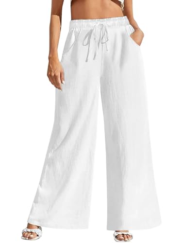 Fancysters Women Wide Leg Linen Pants, High Waisted Summer Casual Cotton Linen Palazzo Pants with Pockets White