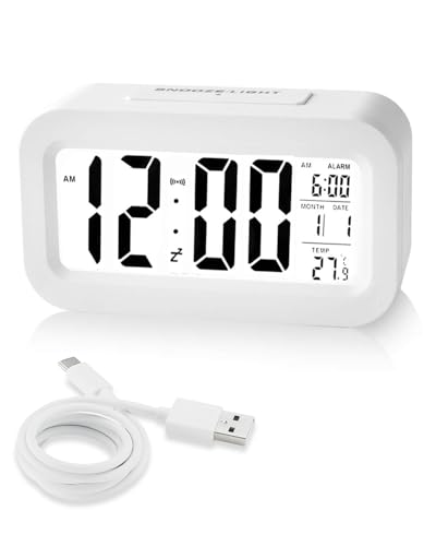MOXTOYU Digital Alarm Clocks, Rechargeable Alarm Clocks Bedside Battery Powered with Adjustable Brightness, 12/24Hours Date, Temperature Display Snooze Function, for Bedroom Home Office Travel, White
